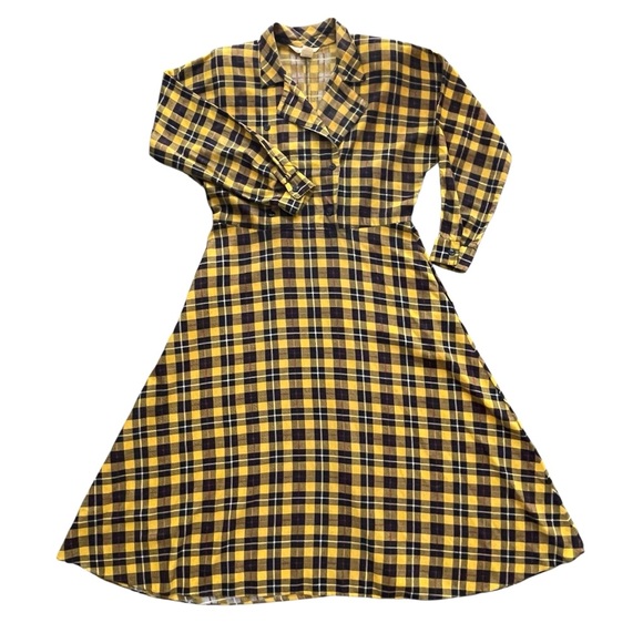 Lerner! Vintage Yellow Buffalo Plaid Women's Midi Dress Fleece cotton Sz: M - Picture 4 of 9
